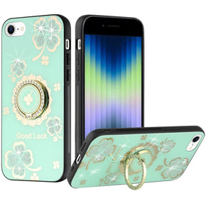 Apple iPhone SE (2020)/8/7 SPLENDID Engraved Ornaments Diamond Glitter Design Hybrid Case (w/ Ring Stand) - Clover / Teal
