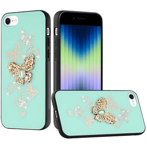 Apple iPhone 14 (6.1) SPLENDID Engraved Ornaments Diamond Glitter Design Hybrid Case - Garden Butterflies / Teal