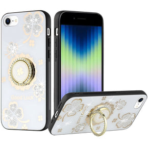 Apple iPhone 14 (6.1) SPLENDID Engraved Ornaments Diamond Glitter Design Hybrid Case (w/ Ring Stand) - Clover / White
