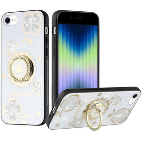 Apple iPhone SE (2020)/8/7 SPLENDID Engraved Ornaments Diamond Glitter Design Hybrid Case (w/ Ring Stand) - Clover / White