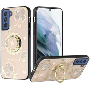 Samsung Galaxy S22 Ultra SPLENDID Engraved Ornaments Diamond Glitter Design Hybrid Case (w/ Ring Stand) - Clover Ring/Gold