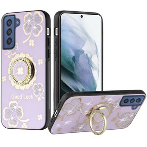 Samsung Galaxy S22 Ultra SPLENDID Engraved Ornaments Diamond Glitter Design Hybrid Case (w/ Ring Stand) - Clover Ring/Purple
