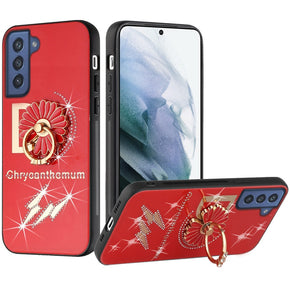Samsung Galaxy S22 Ultra SPLENDID Engraved Ornaments Diamond Glitter Design Hybrid Case (w/ Ring Stand) - Flower Ring/Red
