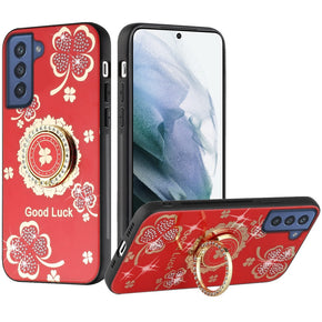 Samsung Galaxy S22 Plus SPLENDID Engraved Ornaments Diamond Glitter Design Hybrid Case (w/ Ring Stand) - Clover Ring/Red