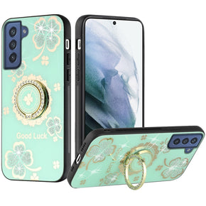 Samsung Galaxy S23 Plus SPLENDID Engraved Ornaments Diamond Glitter Design Hybrid Case (w/ Ring Stand) - Clover Ring/Teal