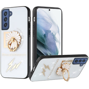 Samsung Galaxy S22 SPLENDID Engraved Ornaments Diamond Glitter Design Hybrid Case (w/ Ring Stand) - Flower Ring/White