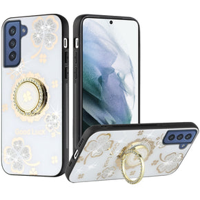 Samsung Galaxy S22 Plus SPLENDID Engraved Ornaments Diamond Glitter Design Hybrid Case (w/ Ring Stand) - Clover Ring/White