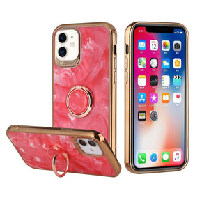 Apple iPhone 12 / 12 Pro (6.1) Electroplated Chrome Ring Stand Marble Design Case - Red