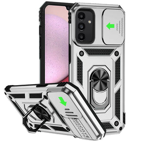 Samsung Galaxy A14 5G Well Protective Hybrid Case (with Camera Push Cover and Magnetic Ring Stand) - Silver