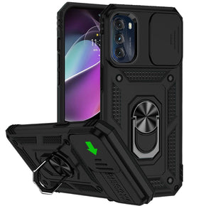 Motorola Moto G 5G (2022) Well Protective Hybrid Case (with Camera Push Cover and Magnetic Ring Stand) - Black