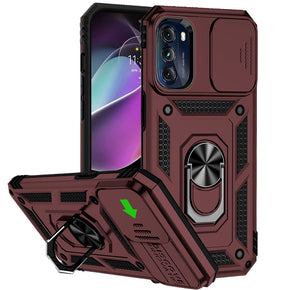 Motorola Moto G 5G (2022) Well Protective Hybrid Case (with Camera Push Cover and Magnetic Ring Stand) - Burgundy