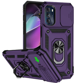 Motorola Moto G 5G (2022) Well Protective Hybrid Case (with Camera Push Cover and Magnetic Ring Stand) - Purple