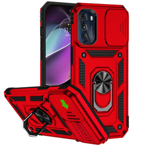 Motorola Moto G 5G (2022) Well Protective Hybrid Case (with Camera Push Cover and Magnetic Ring Stand) - Red