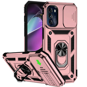 Motorola Moto G 5G (2022) Well Protective Hybrid Case (with Camera Push Cover and Magnetic Ring Stand) - Rose Gold