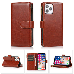 Apple iPhone XR Luxury Wallet Case w/ Zipper Pocket - Brown