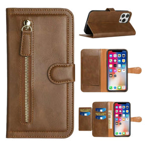 Samsung Galaxy A14 5G Premium Multi Card Pocket Zipper Wallet Case (w/ Magnetic Flap) - Brown