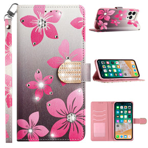 Apple iPhone 14 Pro (6.1) Diamond Bling Wallet Cover (with Lanyard) - Blooming Flower