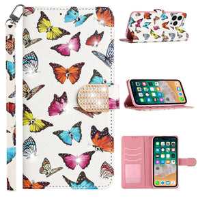 Samsung Galaxy S23 Diamond Bling Wallet Cover (with Lanyard) - Colorful Butterfly
