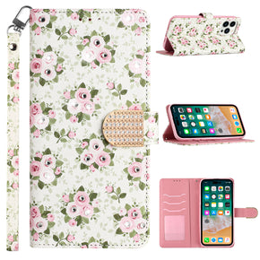 Samsung Galaxy S23 Plus Diamond Bling Wallet Cover (with Lanyard) - Vintage Flower