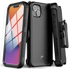 Apple iPhone 14 (6.1) Antimicrobial Maverick Series Holster Combo Case with Tempered Glass - Black/Black