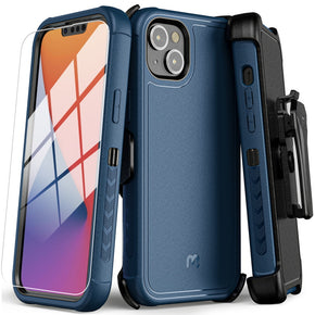 Apple iPhone 14 (6.1) Antimicrobial Maverick Series Holster Combo Case with Tempered Glass - Blue/Black