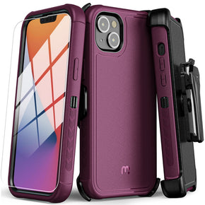 Apple iPhone 14 (6.1) Antimicrobial Maverick Series Holster Combo Case with Tempered Glass - Plum/Black