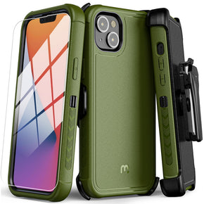 Apple iPhone 14 (6.1) Antimicrobial Maverick Series Holster Combo Case with Tempered Glass - Army Green/Black