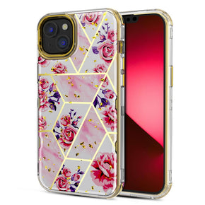 Apple iPhone 14 Plus (6.7) TUFF Kleer Hybrid Case - Electroplated Roses Marble / Electroplating Gold