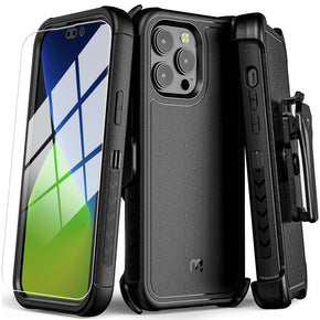 Apple iPhone 14 Pro Max (6.7) Antimicrobial Maverick Series Holster Combo Case with Tempered Glass - Black/Black