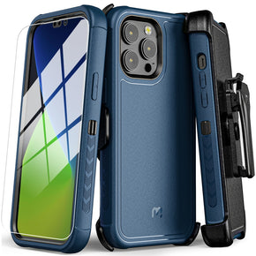 Apple iPhone 14 Pro Max (6.7) Antimicrobial Maverick Series Holster Combo Case with Tempered Glass - Blue/Black