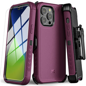Apple iPhone 14 Pro Max (6.7) Antimicrobial Maverick Series Holster Combo Case with Tempered Glass - Plum/Black