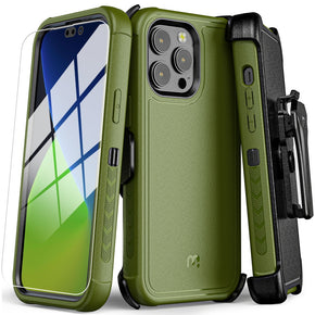 Apple iPhone 14 Pro Max (6.7) Antimicrobial Maverick Series Holster Combo Case with Tempered Glass - Army Green/Black