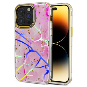 Apple iPhone 14 Pro Max (6.7) TUFF Kleer Hybrid Case - Pink Marbling / Electroplated Gold