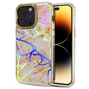 Apple iPhone 14 Pro Max (6.7) TUFF Kleer Hybrid Case - Pale Yellow Marbling / Electroplated Gold