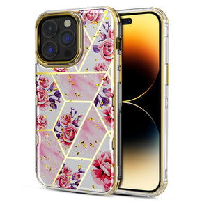 Apple iPhone 14 Pro Max (6.7) TUFF Kleer Hybrid Case - Electroplated Roses Marble / Electroplating Gold