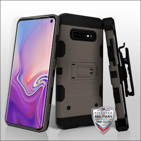 Samsung Galaxy S10 3-in-1 Storm Tank Hybrid Protector Cover Combo w/ Black Holster & Full-Coverage Screen Protector - Dark Grey / Black