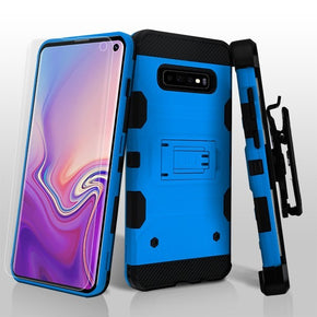 Samsung Galaxy S10 3-in-1 Storm Tank Hybrid Protector Cover Combo w/ Black Holster and Full-Coverage Screen Protector w/ Package - Blue / Black