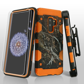 Samsung Galaxy S9 Plus 3-in-1 Storm Tank Hybrid Holster Combo Case with Twin Screen Protectors - Tree Camouflage / Orange