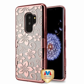 Samsung Galaxy S9 Plus TUFF Full Glitter Hybrid Protector Cover - Electroplating Rose Gold Hibiscus Flower / T-Clear