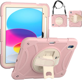 Apple iPad 10.9 (2022) 3-in-1 Tough Hybrid Tablet Case w/ Kickstand, Hand and Shoulder Strap - Rose Gold