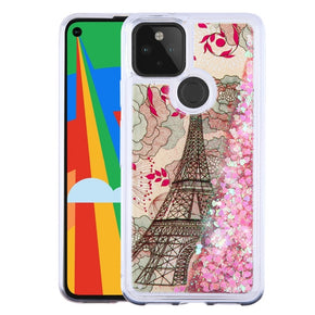 Google Pixel 5 Quicksand Glitter Hybrid Protector Cover - Eiffel Tower & Pink Hearts