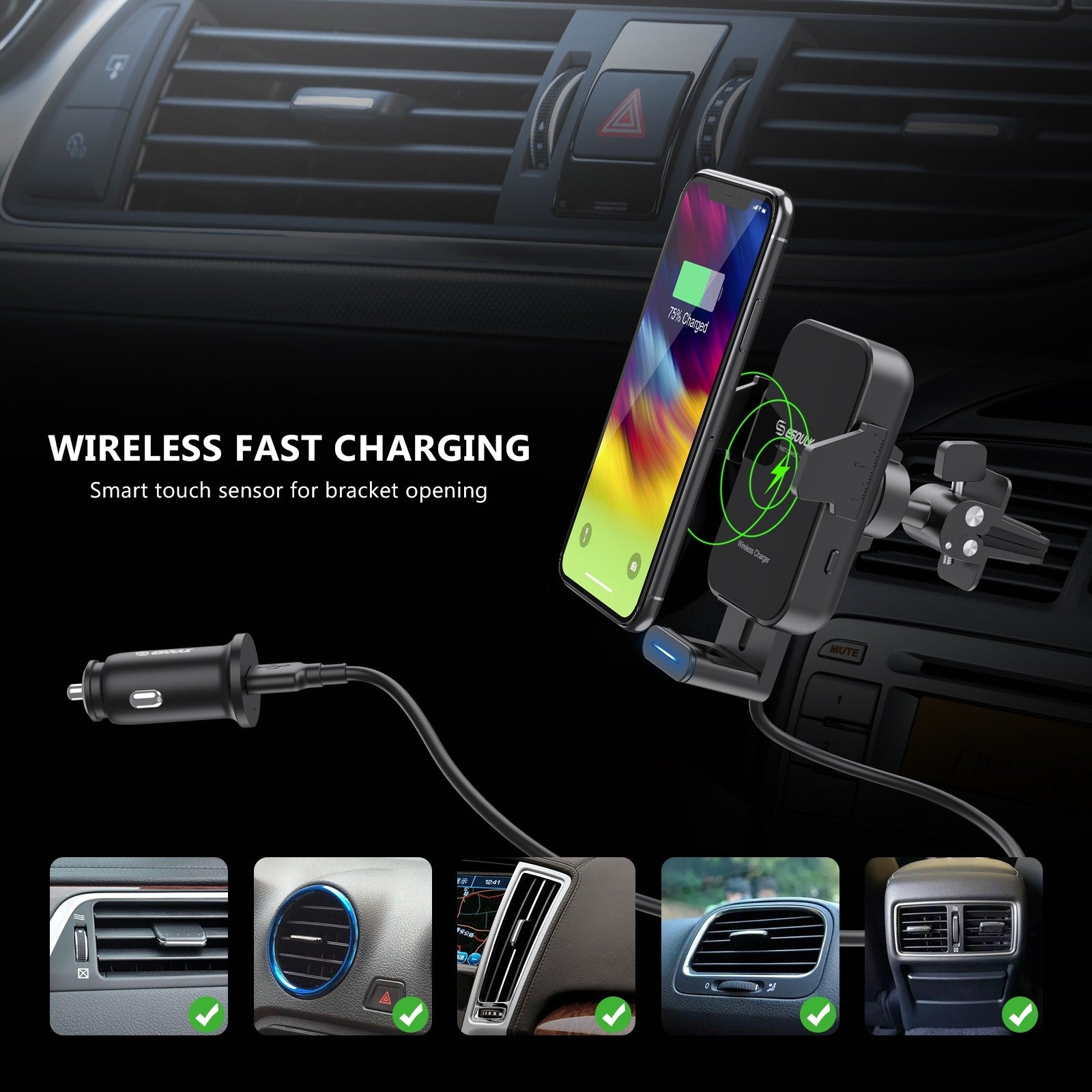 EH38BK: Sensor 15W Wireless Charger Air Vent Car Holder - Dream Wireless