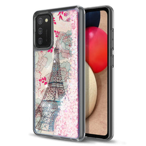 Samsung Galaxy A02s Quicksand Glitter Hybrid Protector Cover - Eiffel Tower & Pink Hearts