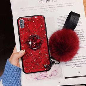 Apple iPhone XR Bling Ring Stand Marble Design Case with Fur Ball Wristlet - Red