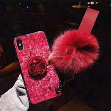Apple iPhone XR Bling Ring Stand Marble Design Case with Fur Ball Wristlet - Hot Pink