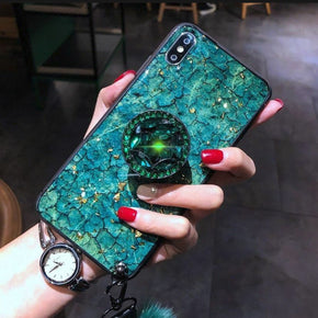 Apple iPhone XR Bling Ring Stand Marble Design Case with Fur Ball Wristlet - Teal